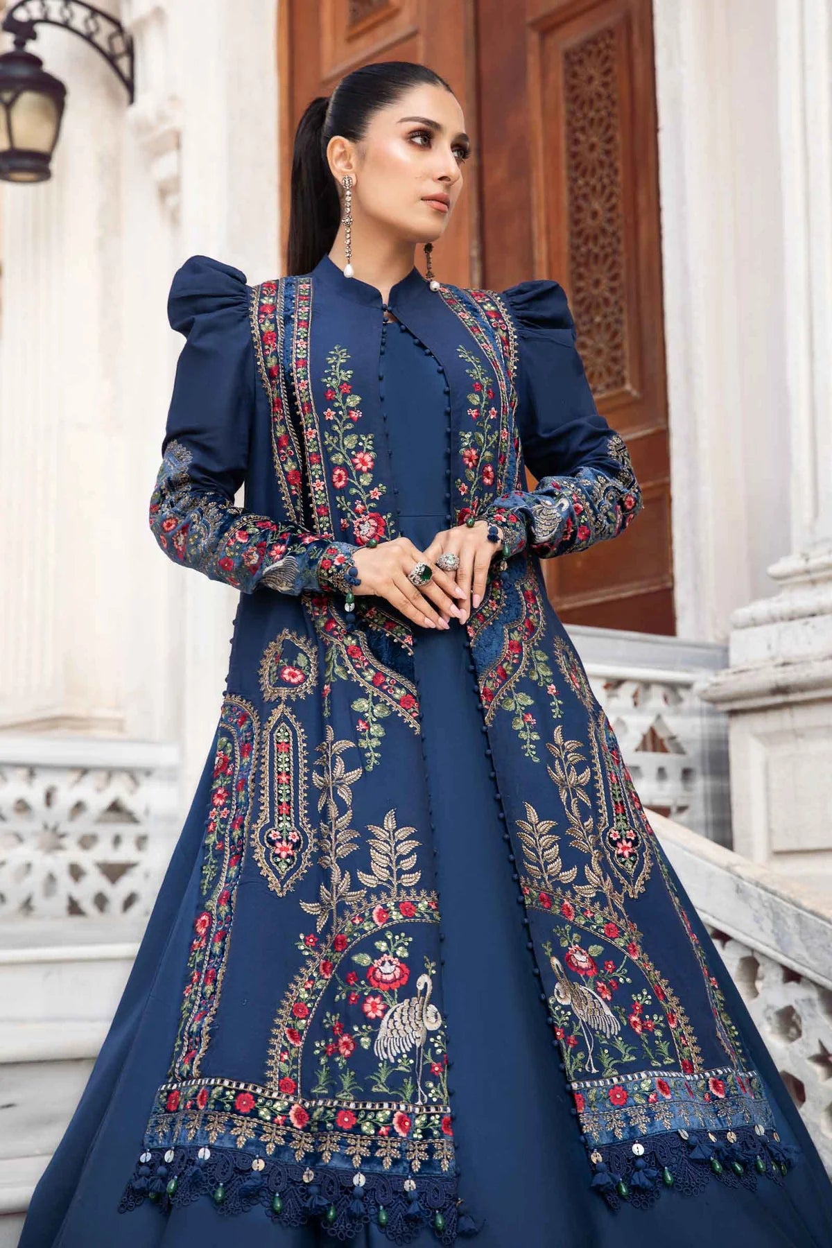 Maria B Unstitched 3 Piece Embroidered Linen Suit MB23LN D9-Navy Blue - Luxury Winter Collection