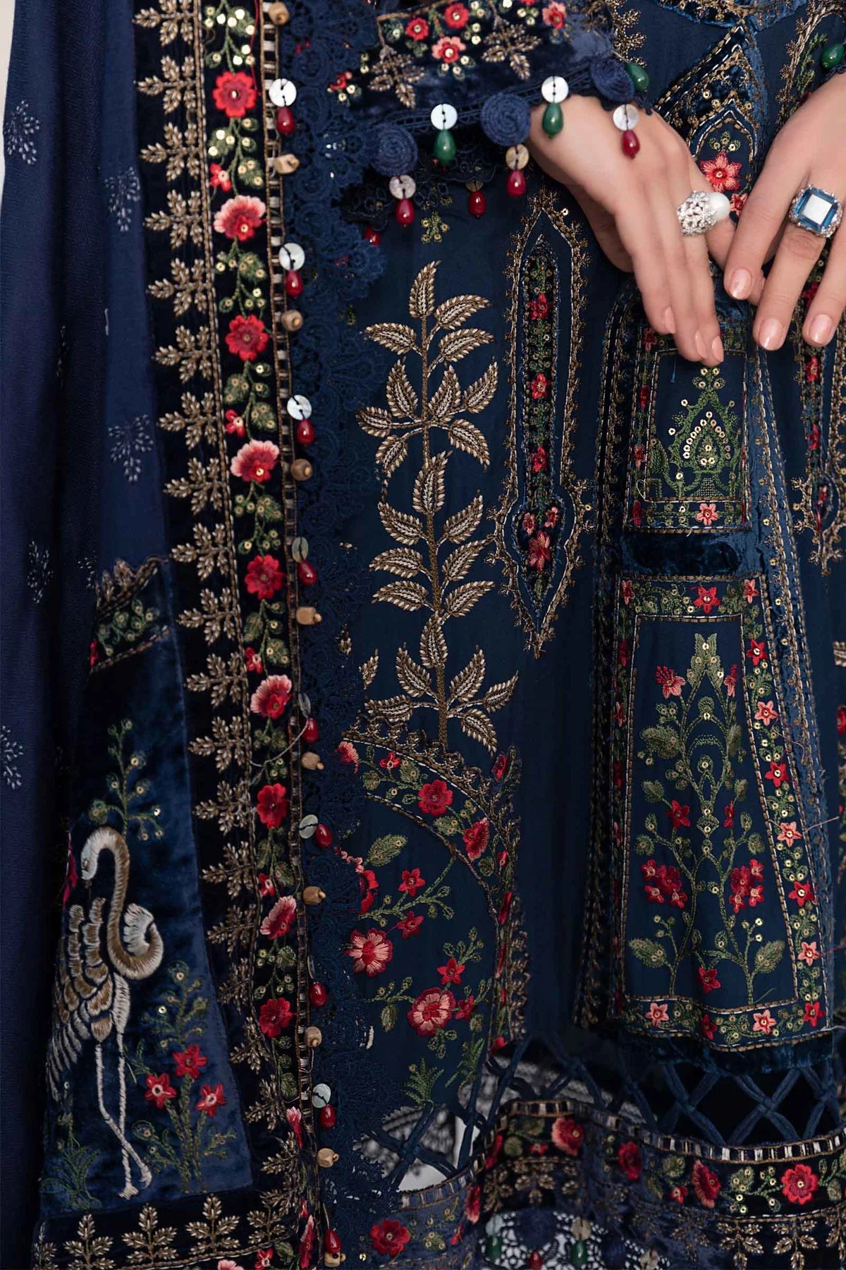 Maria B Unstitched 3 Piece Embroidered Linen Suit MB23LN D9-Navy Blue - Luxury Winter Collection