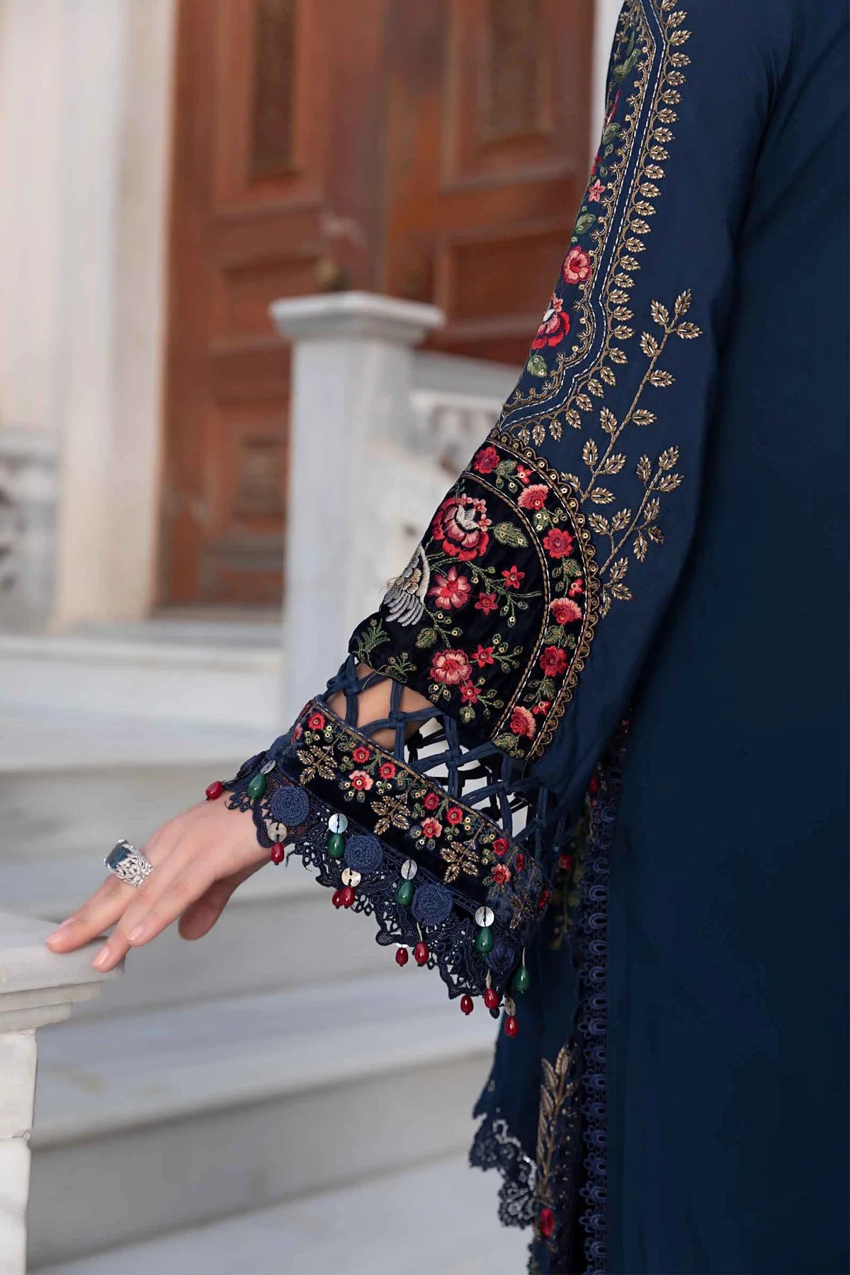 Maria B Unstitched 3 Piece Embroidered Linen Suit MB23LN D9-Navy Blue - Luxury Winter Collection