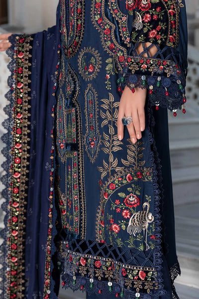 Maria B Unstitched 3 Piece Embroidered Linen Suit MB23LN D9-Navy Blue - Luxury Winter Collection