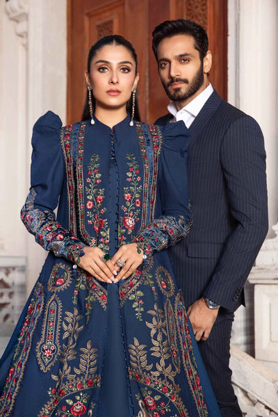 Maria B Unstitched 3 Piece Embroidered Linen Suit MB23LN D9-Navy Blue - Luxury Winter Collection