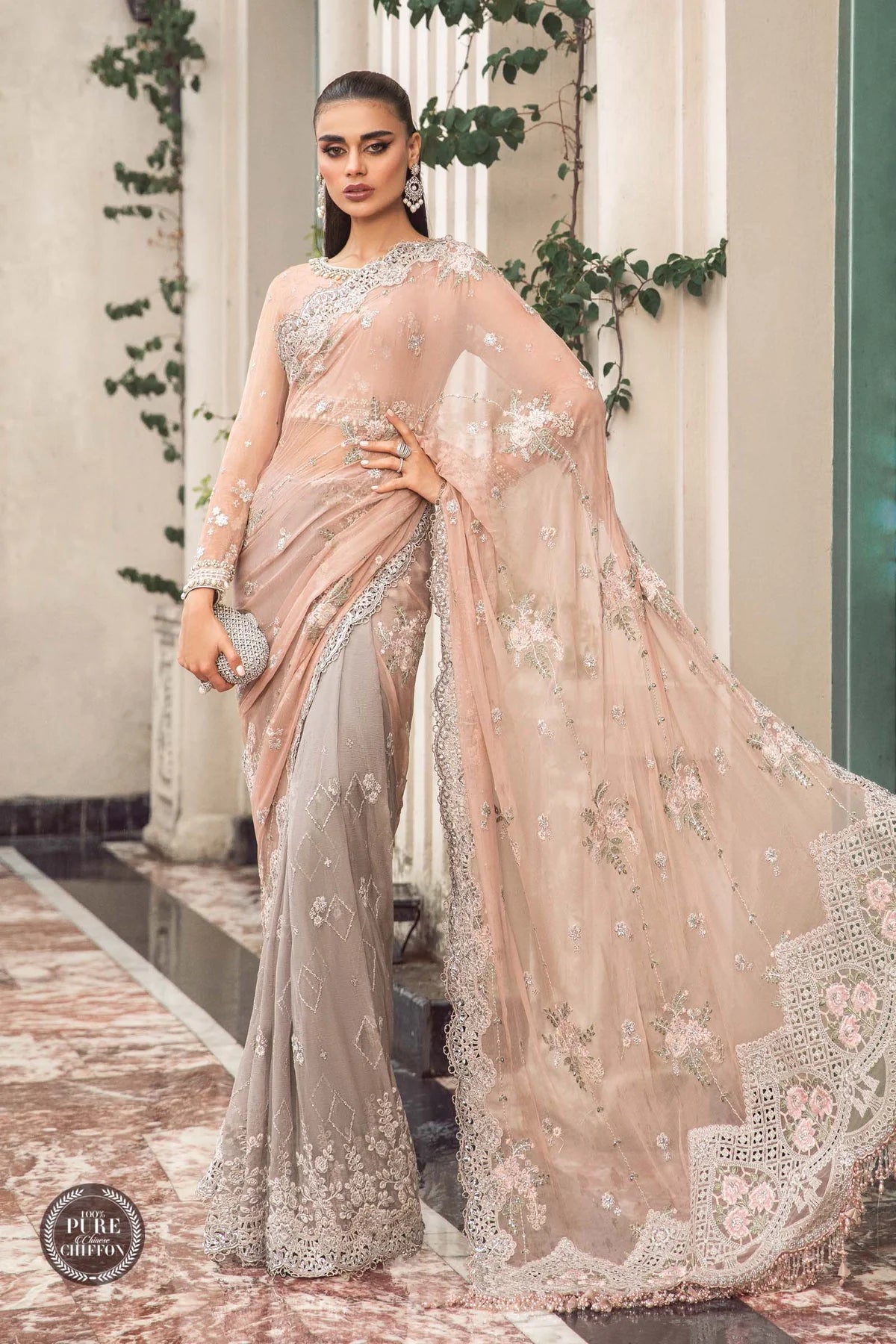 Maria B Unstitched 4 Piece Embroidered Chiffon Saree SCMB23 D5 Peach And Grey - Luxury Collection