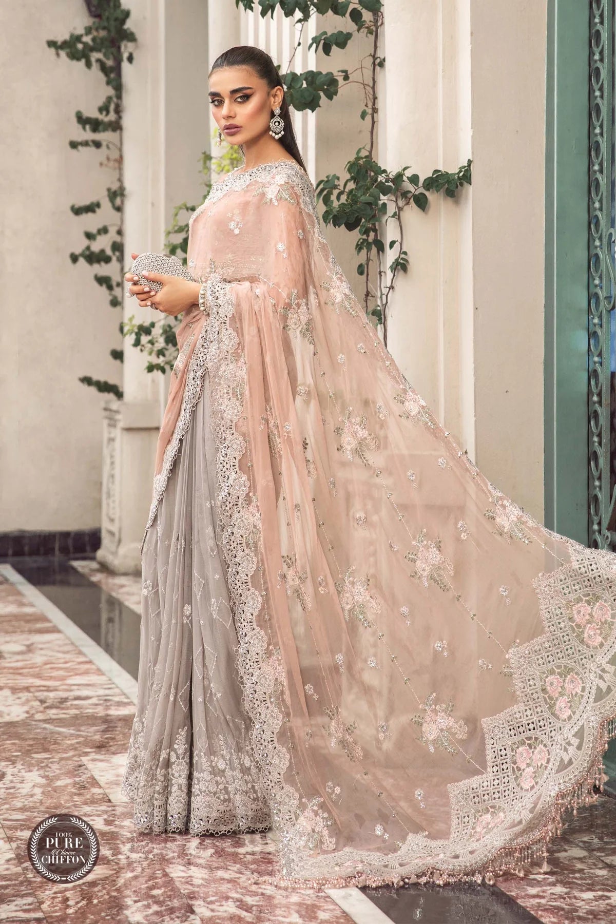 Maria B Unstitched 4 Piece Embroidered Chiffon Saree SCMB23 D5 Peach And Grey - Luxury Collection