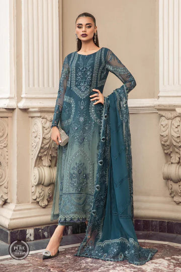 Maria B Unstitched 4 Piece Embroidered Chiffon Suit SCMB23 D2 Teal Blue - Luxury Collection