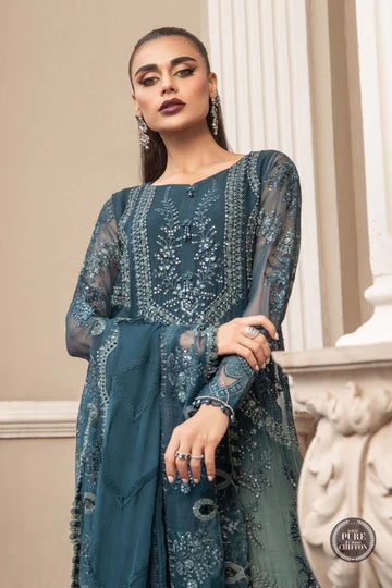 Maria B Unstitched 4 Piece Embroidered Chiffon Suit SCMB23 D2 Teal Blue - Luxury Collection