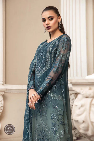 Maria B Unstitched 4 Piece Embroidered Chiffon Suit SCMB23 D2 Teal Blue - Luxury Collection