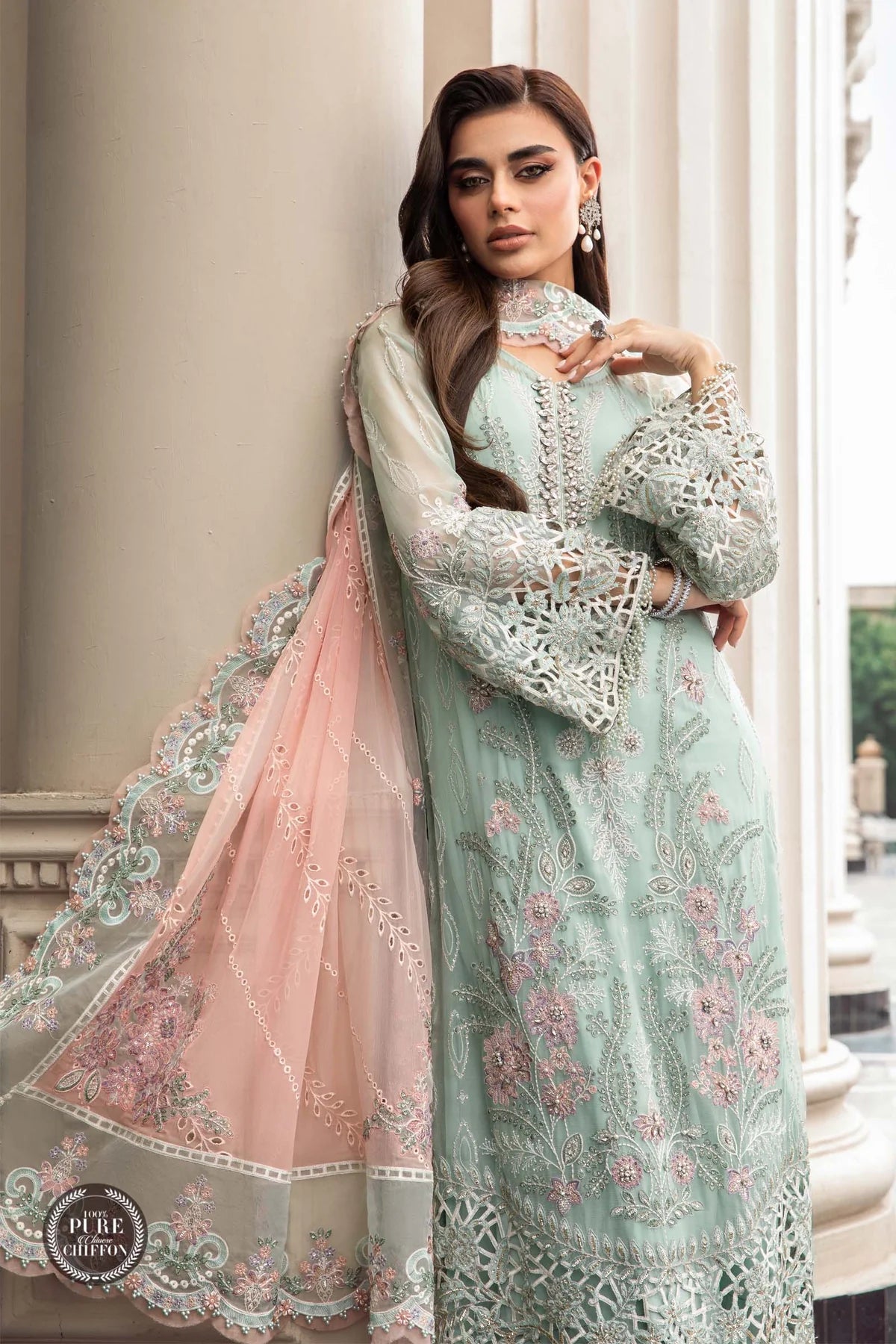 Maria B Unstitched 4 Piece Embroidered Chiffon Suit SCMB23 D4 Mint Green - Luxury Collection