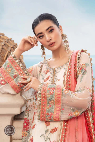 Maria B Unstitched 4 Piece Embroidered Chiffon Suit SCMB23 D6 Cloud White Floral - Luxury Collection