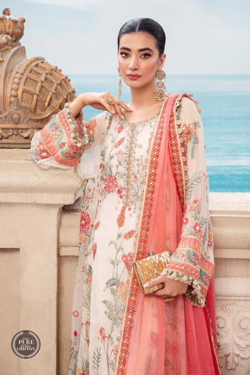 Maria B Unstitched 4 Piece Embroidered Chiffon Suit SCMB23 D6 Cloud White Floral - Luxury Collection