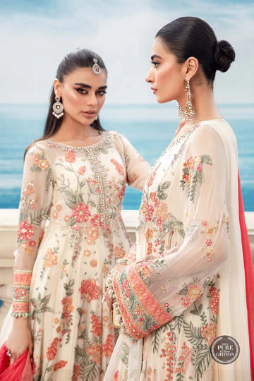 Maria B Unstitched 4 Piece Embroidered Chiffon Suit SCMB23 D6 Cloud White Floral - Luxury Collection