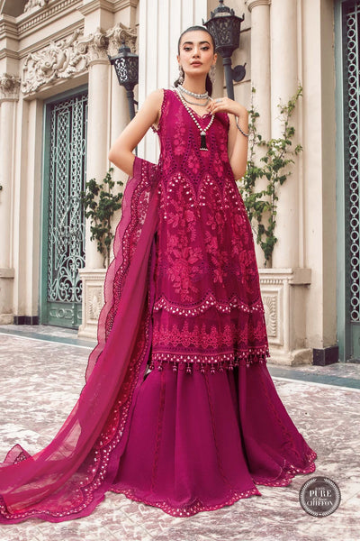 Maria B Unstitched 4 Piece Embroidered Chiffon Suit SCMB23 D7 Magenta Pink - Luxury Collection