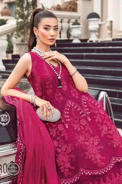 Maria B Unstitched 4 Piece Embroidered Chiffon Suit SCMB23 D7 Magenta Pink - Luxury Collection