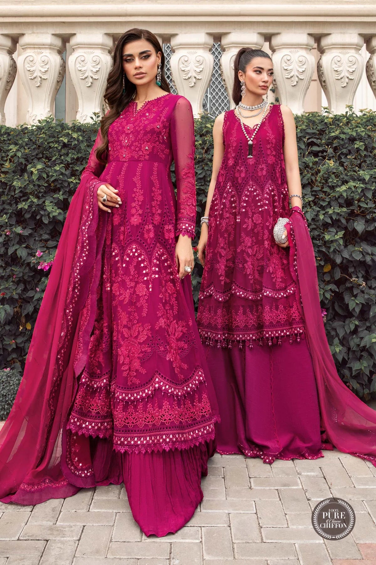 Maria B Unstitched 4 Piece Embroidered Chiffon Suit SCMB23 D7 Magenta Pink - Luxury Collection