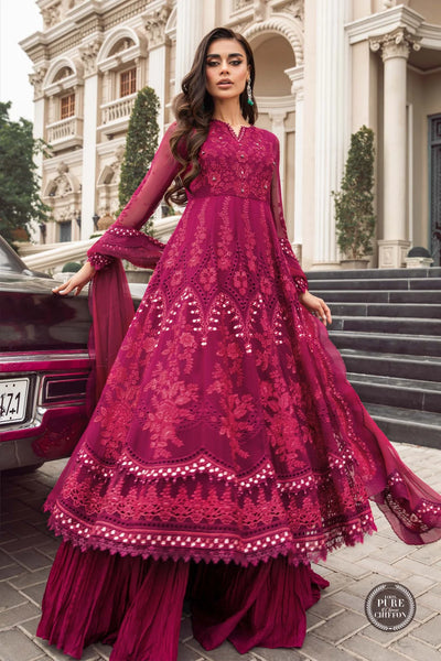 Maria B Unstitched 4 Piece Embroidered Chiffon Suit SCMB23 D7 Magenta Pink - Luxury Collection