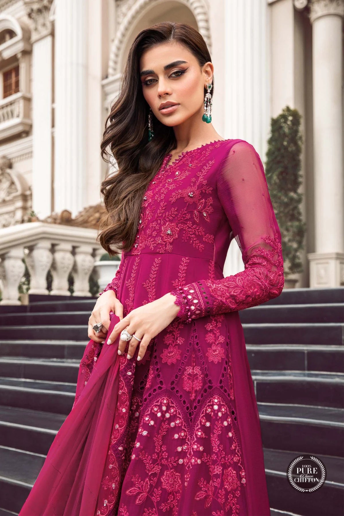 Maria B Unstitched 4 Piece Embroidered Chiffon Suit SCMB23 D7 Magenta Pink - Luxury Collection