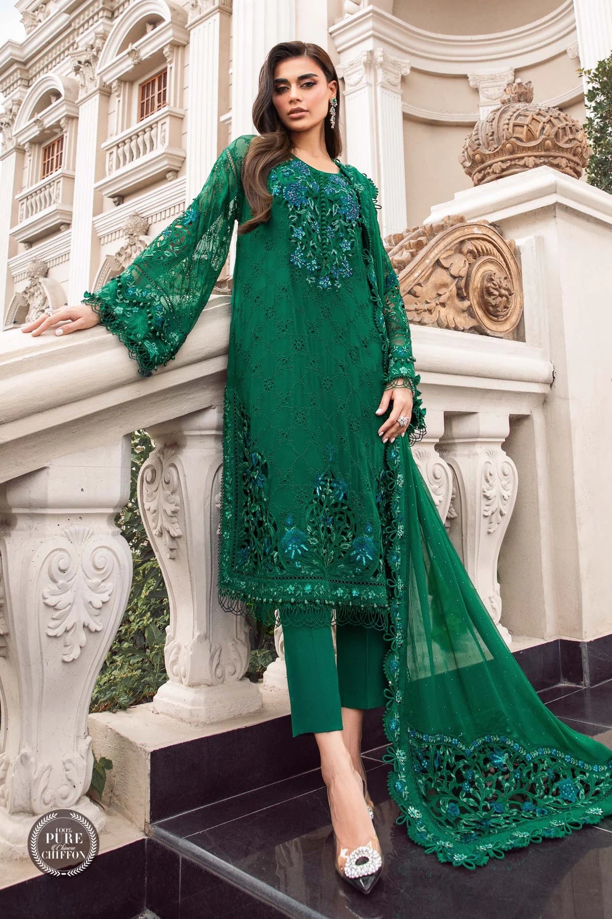 Maria B Unstitched 4 Piece Embroidered Chiffon Suit SCMB23 D8 Emerald Green - Luxury Collection