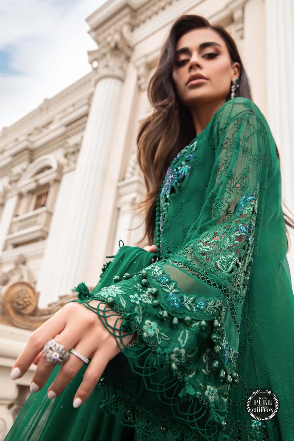 Maria B Unstitched 4 Piece Embroidered Chiffon Suit SCMB23 D8 Emerald Green - Luxury Collection