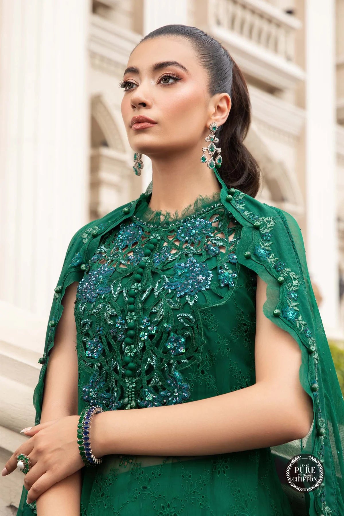 Maria B Unstitched 4 Piece Embroidered Chiffon Suit SCMB23 D8 Emerald Green - Luxury Collection