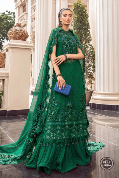 Maria B Unstitched 4 Piece Embroidered Chiffon Suit SCMB23 D8 Emerald Green - Luxury Collection