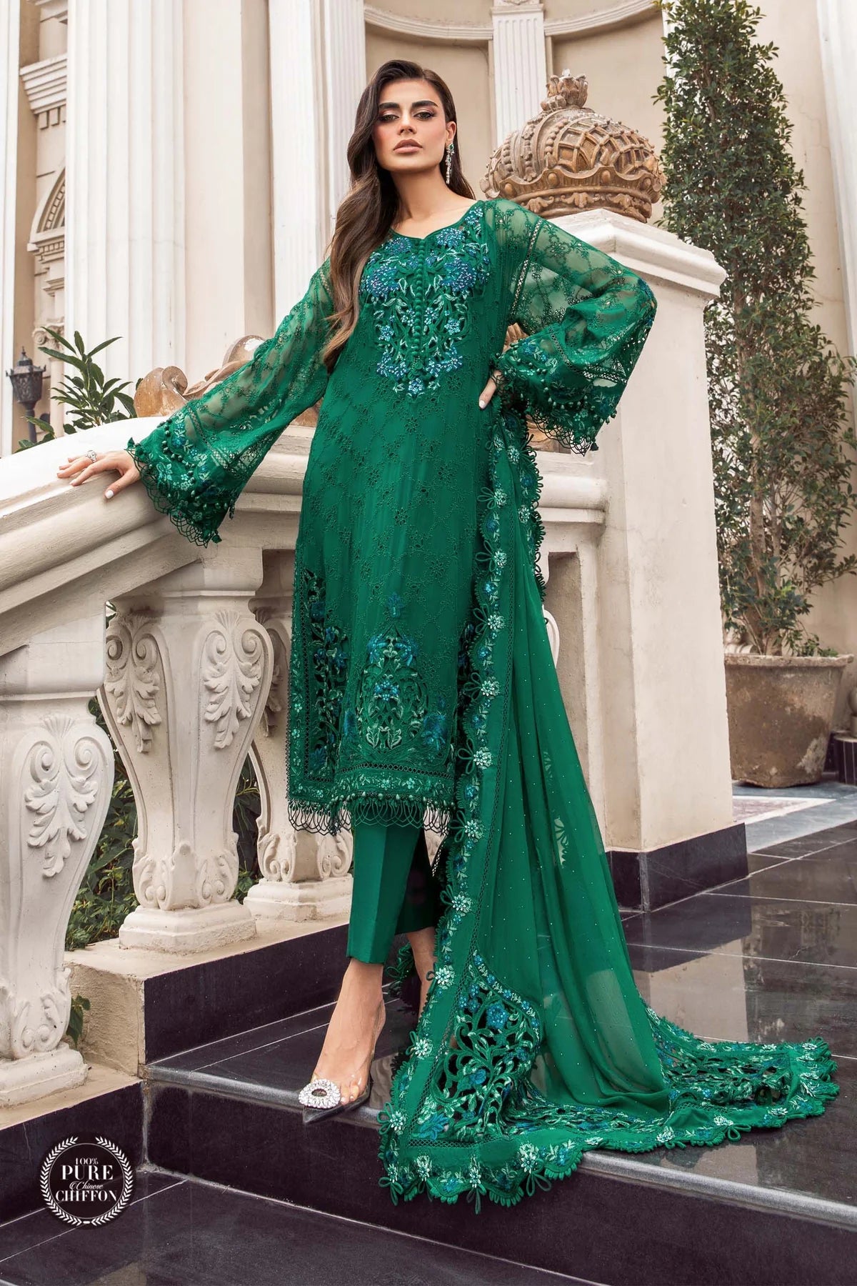 Maria B Unstitched 4 Piece Embroidered Chiffon Suit SCMB23 D8 Emerald Green - Luxury Collection