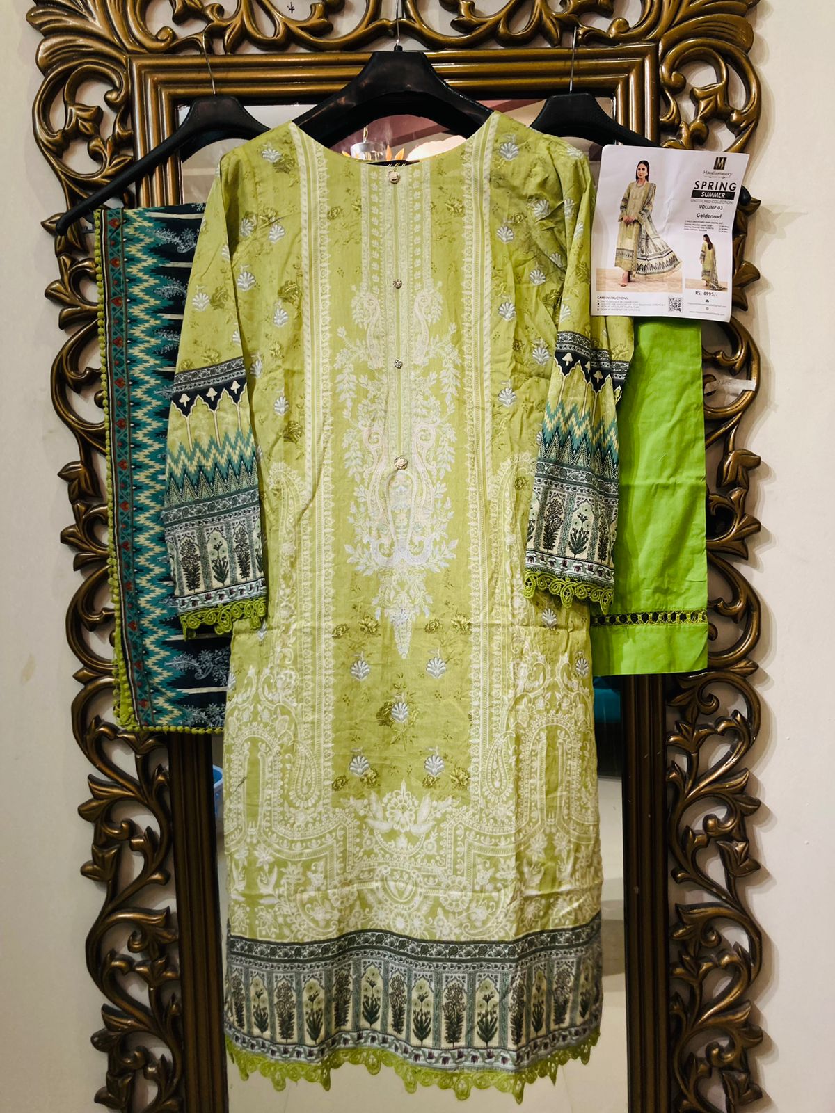 Mausummery Stitched 3 Piece Digital Printed Lawn Suit 23V3 - Goldenrod - Luxury Summer Collection D & M COLLECTION AND NIZAMI JEWELRY