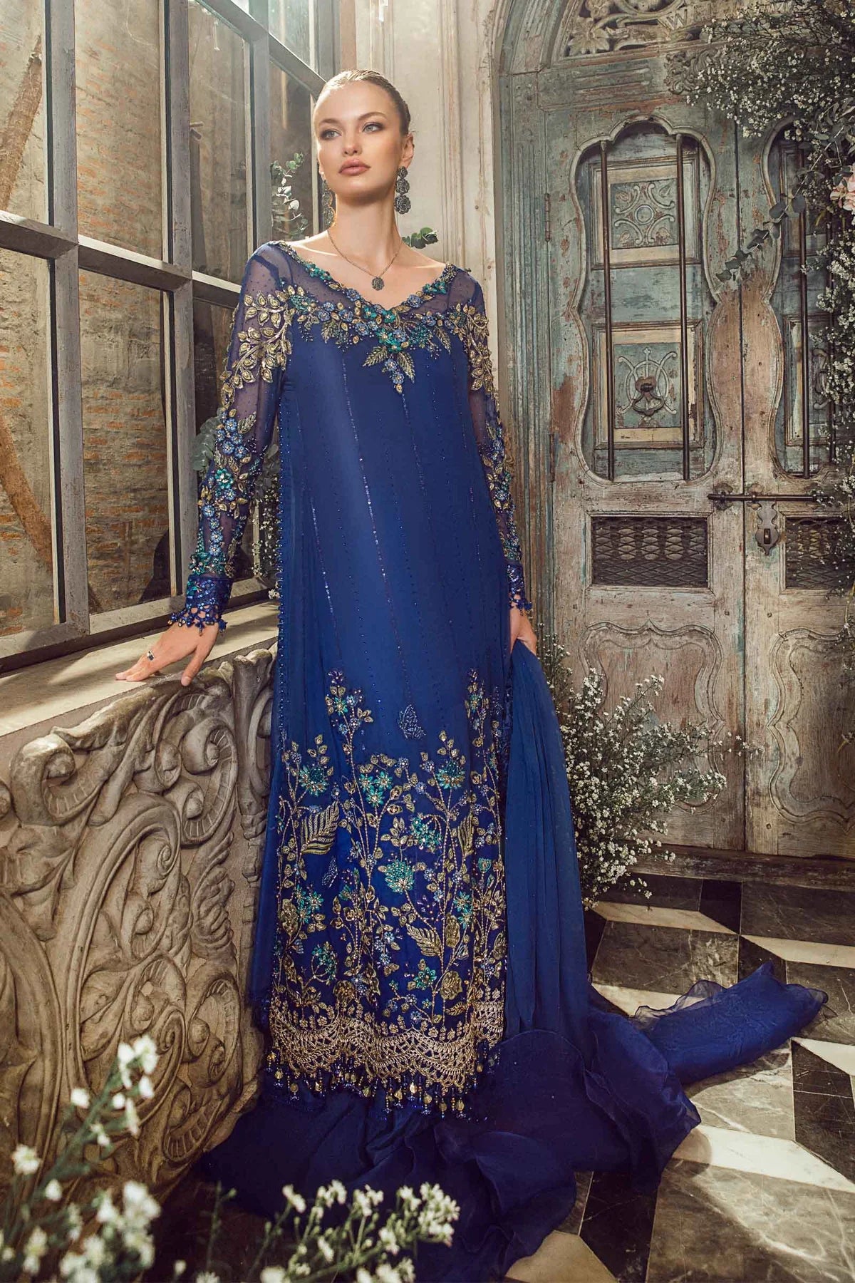 Mbroidered By Maria B Unstitched 4 Piece Embroidered Chiffon Suit MB23MW D4-Cobalt Blue - Luxury Collection