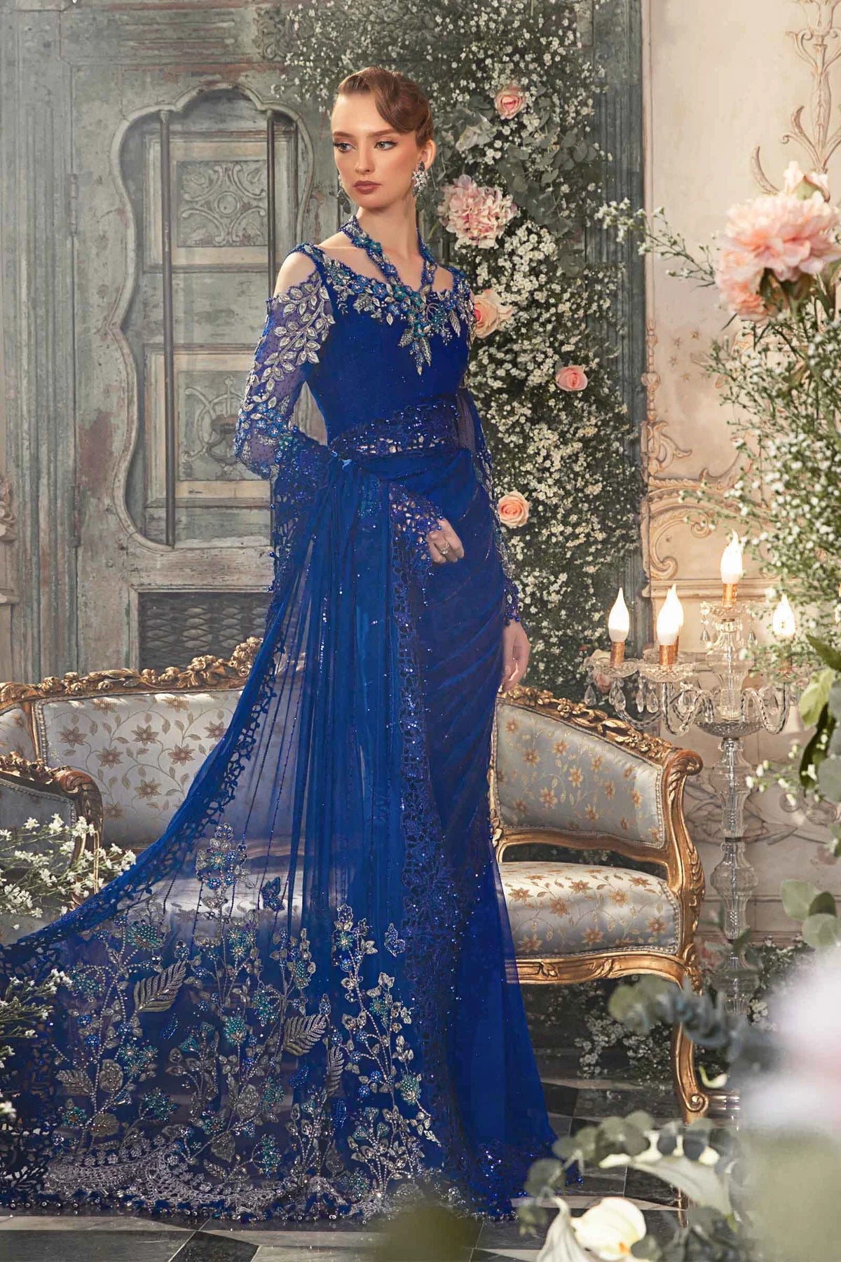 Mbroidered By Maria B Unstitched 4 Piece Embroidered Chiffon Suit MB23MW D4-Cobalt Blue - Luxury Collection