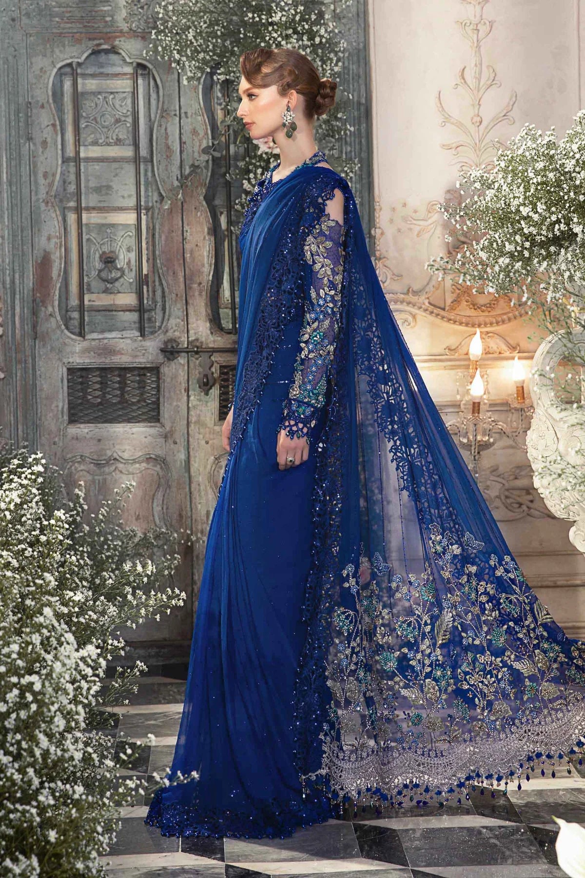 Mbroidered By Maria B Unstitched 4 Piece Embroidered Chiffon Suit MB23MW D4-Cobalt Blue - Luxury Collection