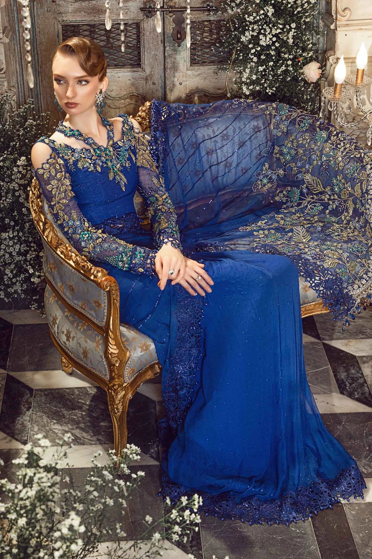 Mbroidered By Maria B Unstitched 4 Piece Embroidered Chiffon Suit MB23MW D4-Cobalt Blue - Luxury Collection