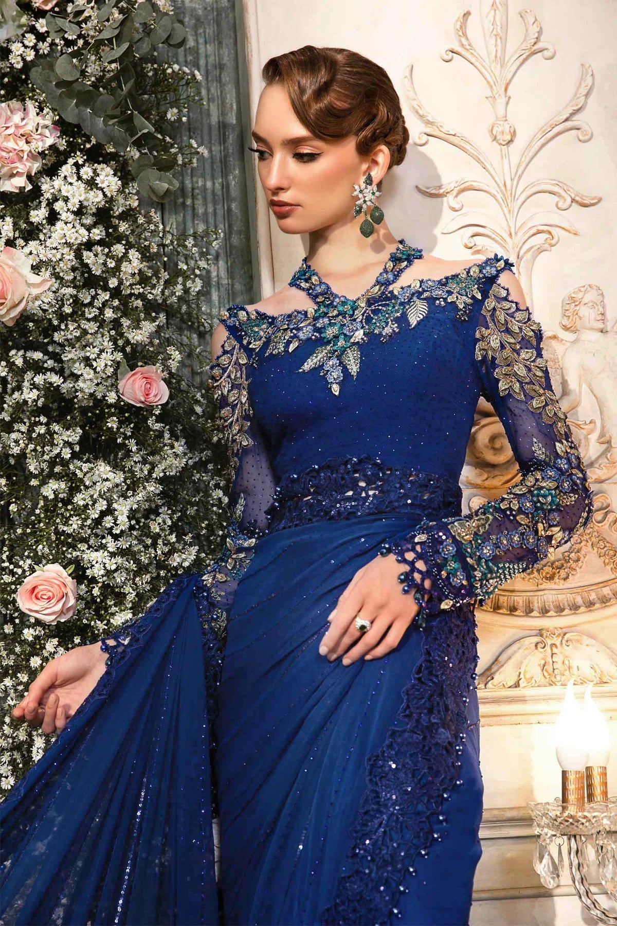 Mbroidered By Maria B Unstitched 4 Piece Embroidered Chiffon Suit MB23MW D4-Cobalt Blue - Luxury Collection