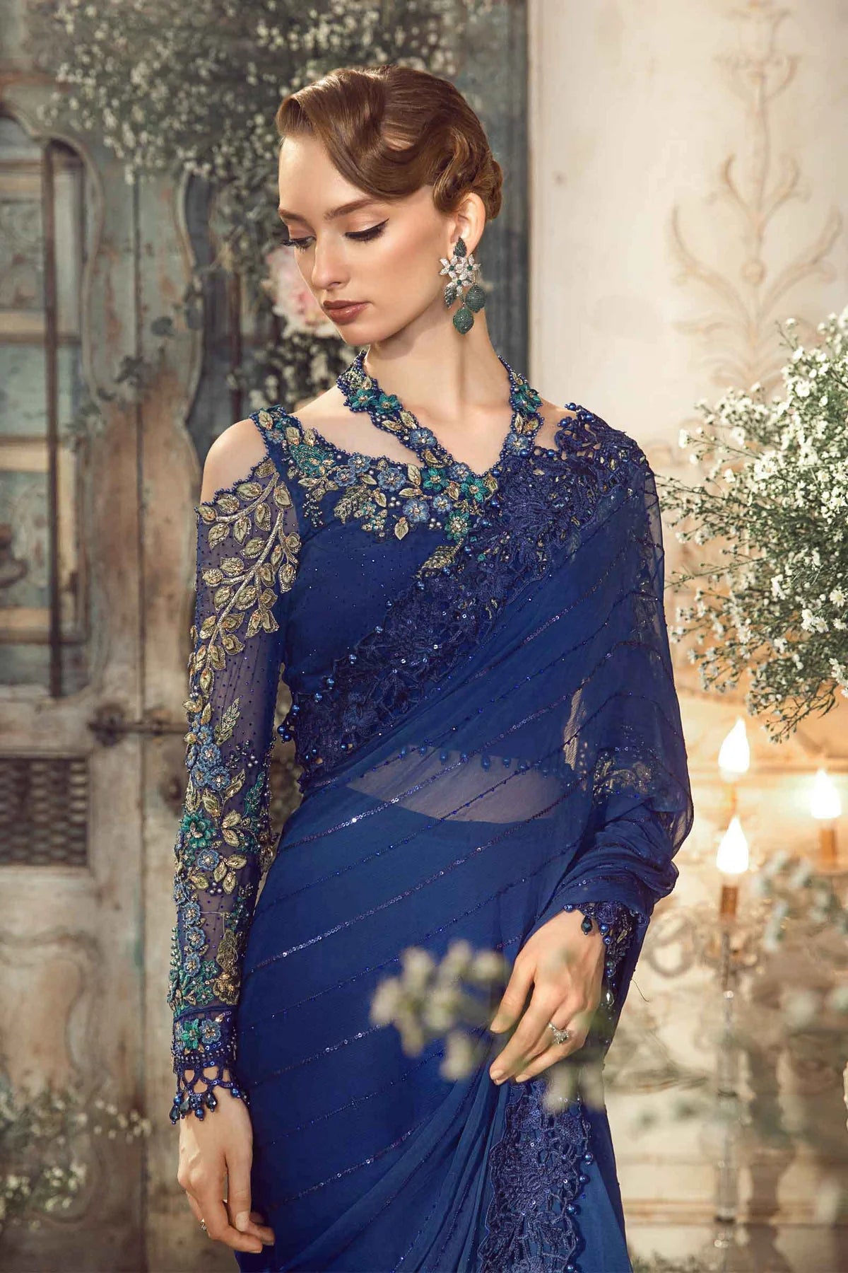 Mbroidered By Maria B Unstitched 4 Piece Embroidered Chiffon Suit MB23MW D4-Cobalt Blue - Luxury Collection