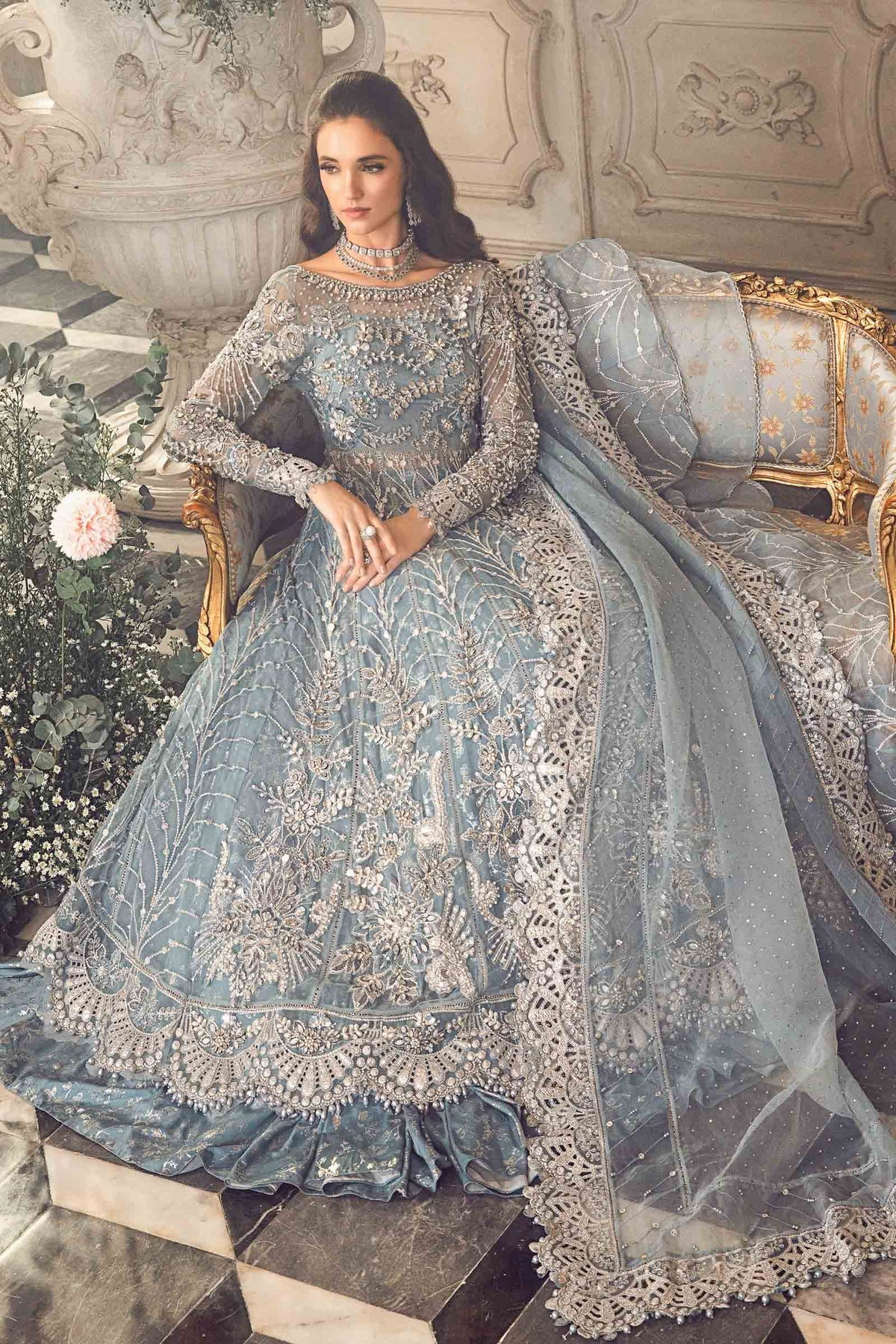 Mbroidered By Maria B Unstitched 4 Piece Embroidered Organza Suit MB23MW D2-Ice Blue - Luxury Collection