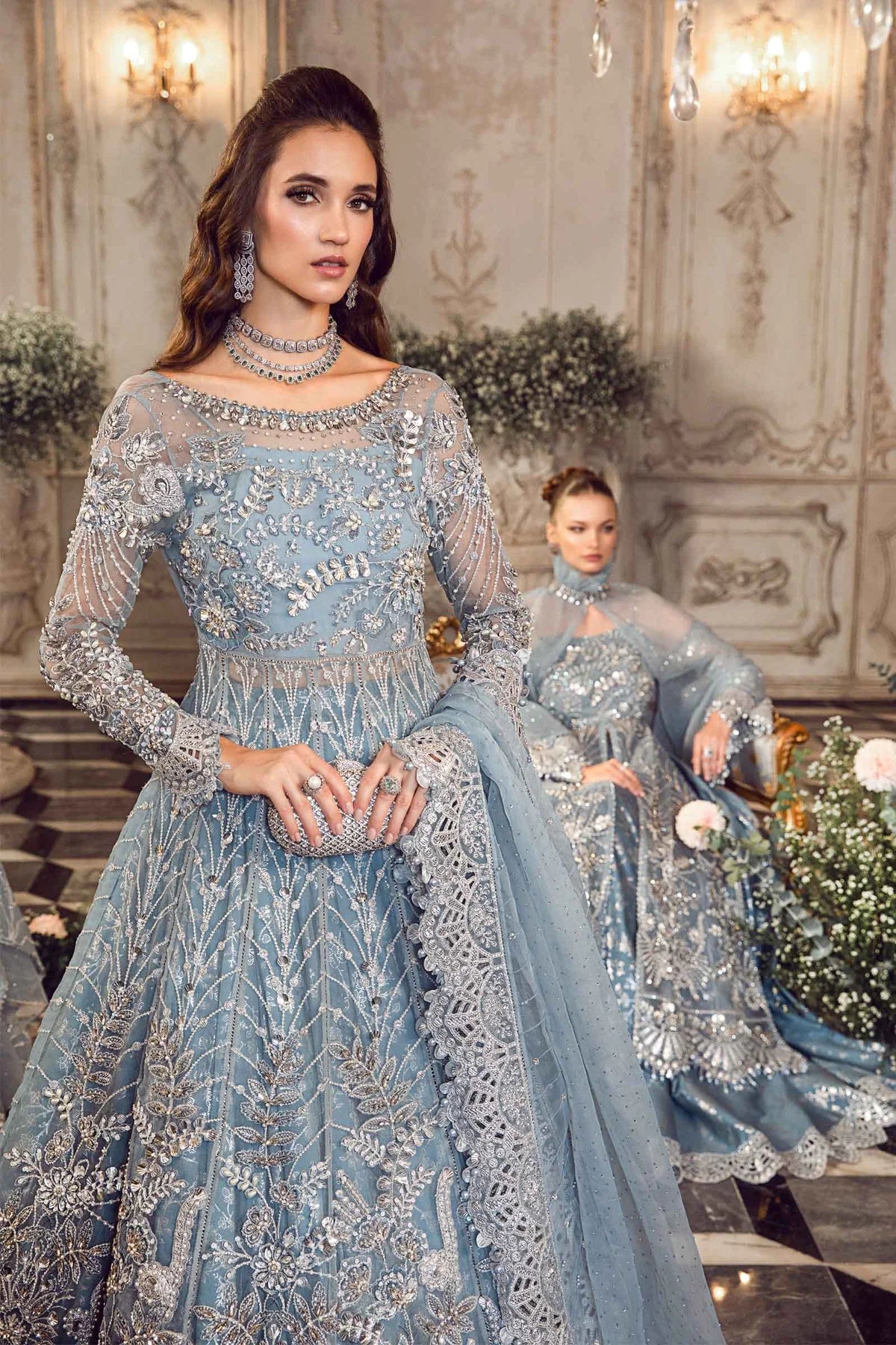 Mbroidered By Maria B Unstitched 4 Piece Embroidered Organza Suit MB23MW D2-Ice Blue - Luxury Collection