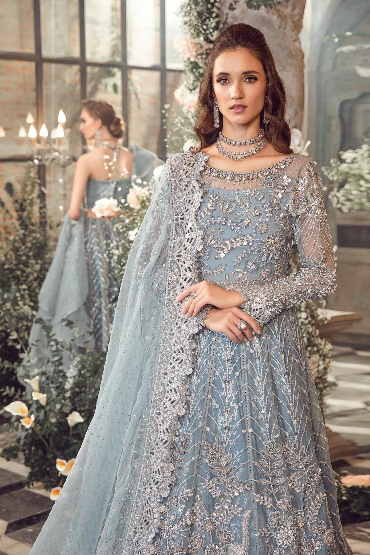 Mbroidered By Maria B Unstitched 4 Piece Embroidered Organza Suit MB23MW D2-Ice Blue - Luxury Collection