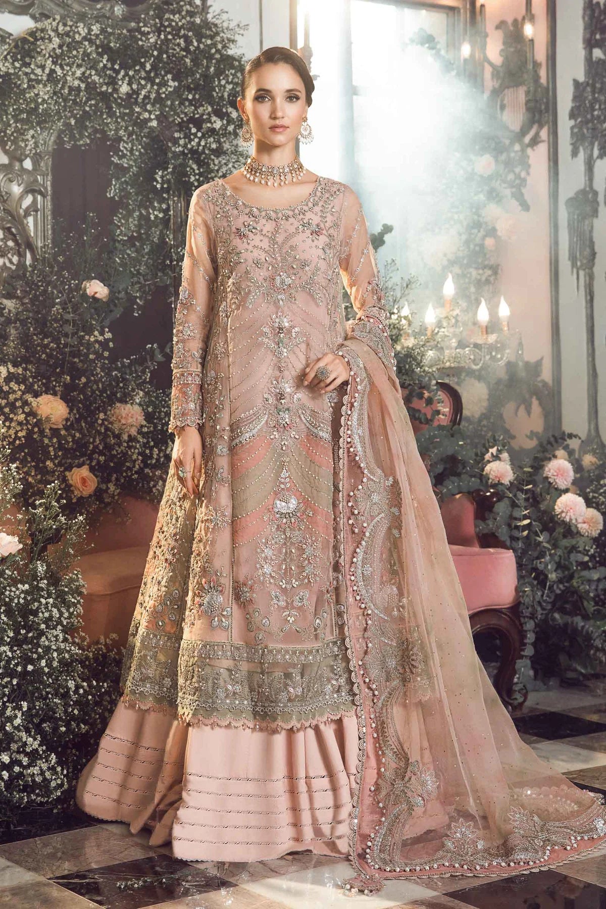 Mbroidered By Maria B Unstitched 4 Piece Embroidered Organza Suit MB23MW D6-Pastel Pink - Luxury Collection