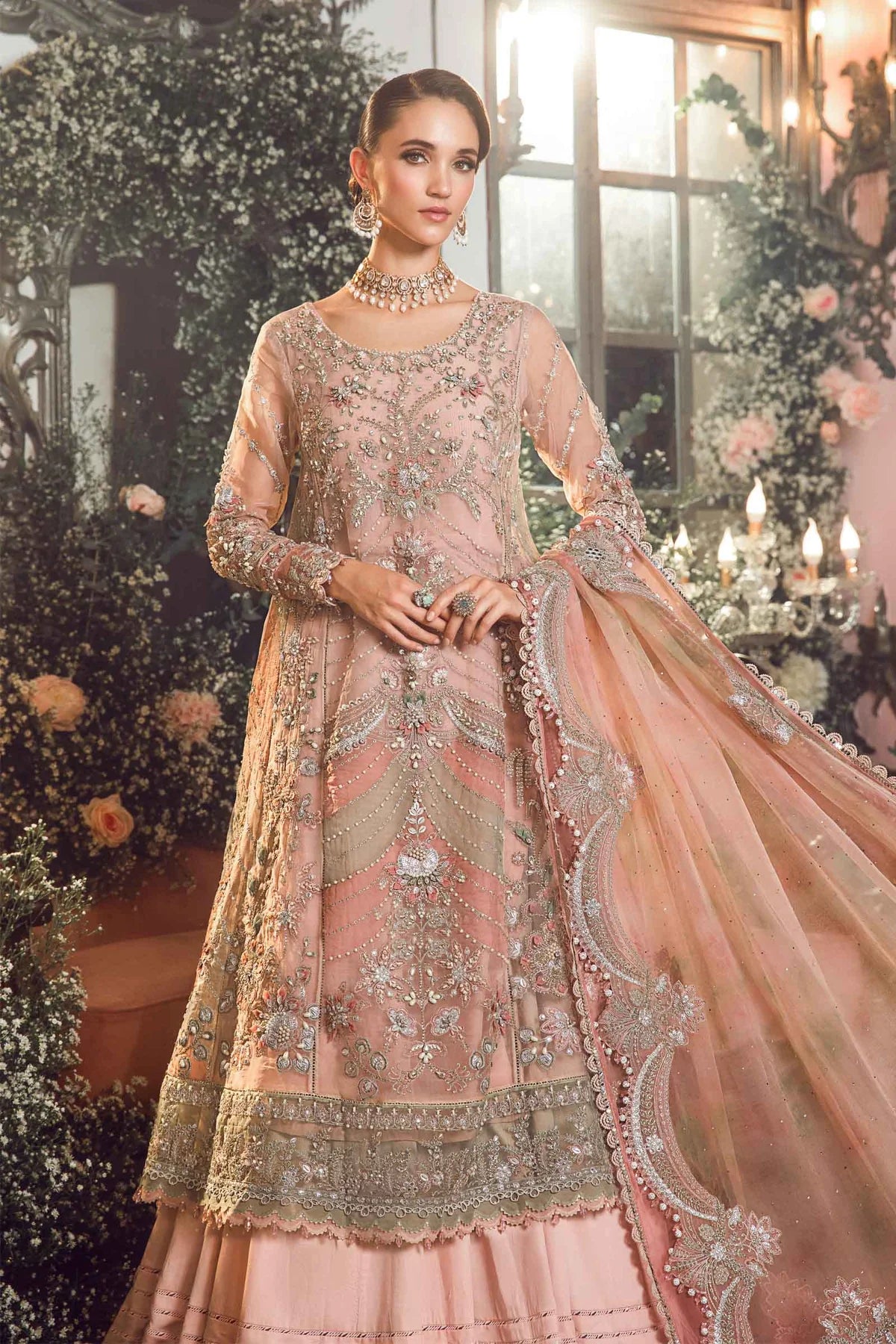 Mbroidered By Maria B Unstitched 4 Piece Embroidered Organza Suit MB23MW D6-Pastel Pink - Luxury Collection