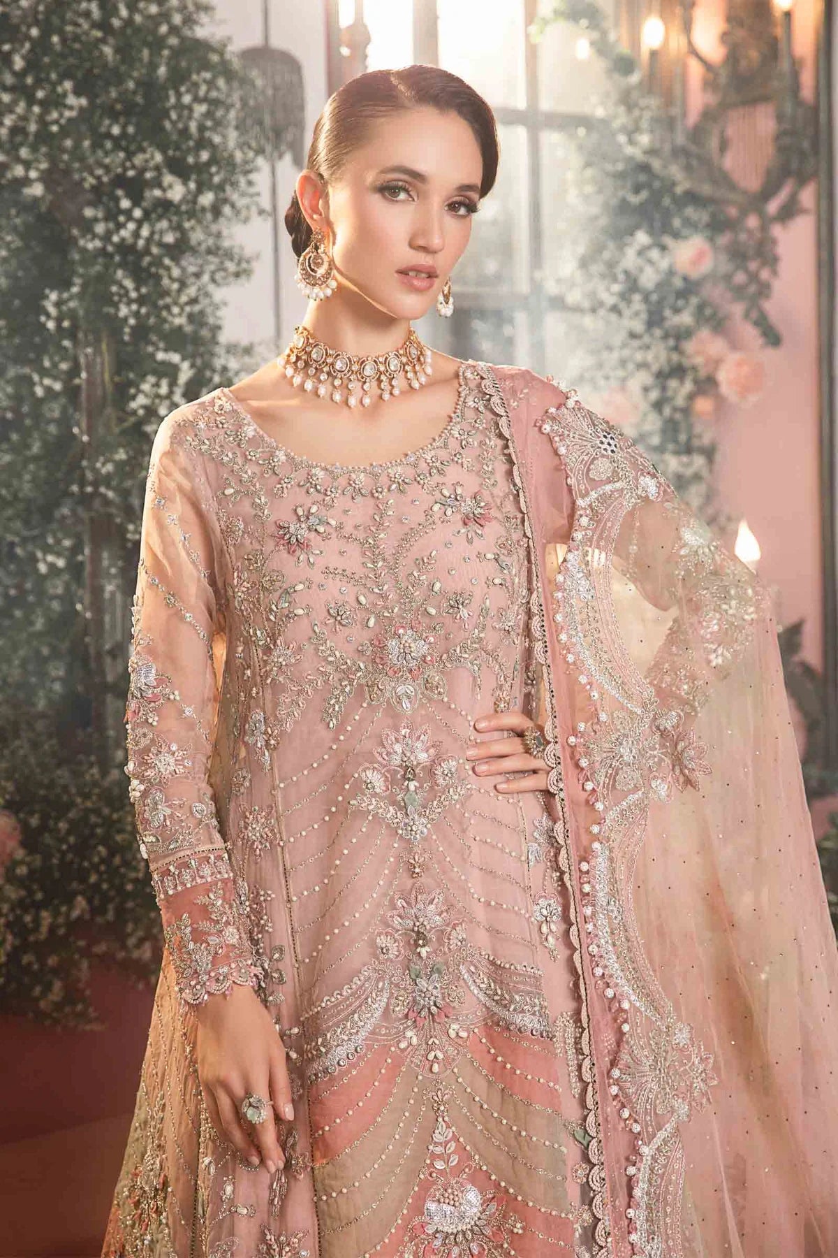 Mbroidered By Maria B Unstitched 4 Piece Embroidered Organza Suit MB23MW D6-Pastel Pink - Luxury Collection