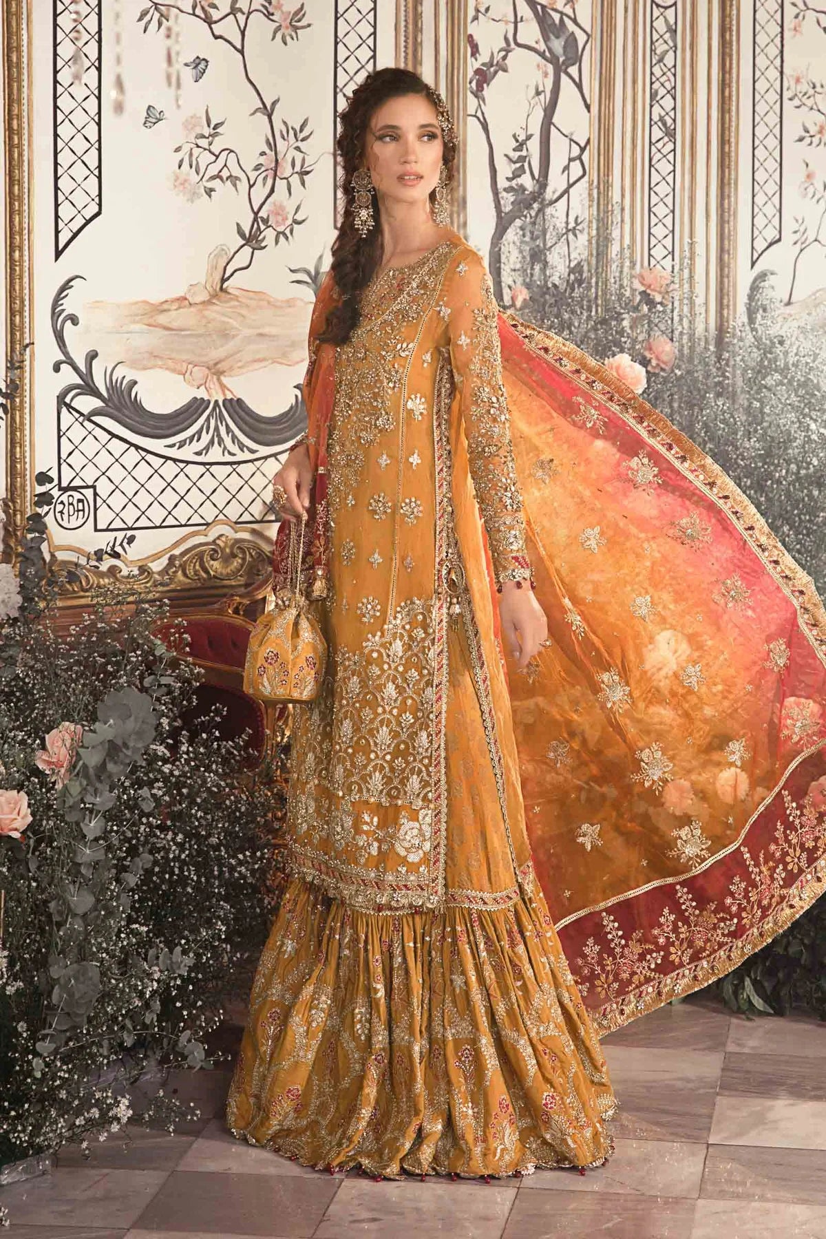 Mbroidered By Maria B Unstitched 4 Piece Embroidered Organza Suit MB23MW D7-Mustard - Luxury Collection