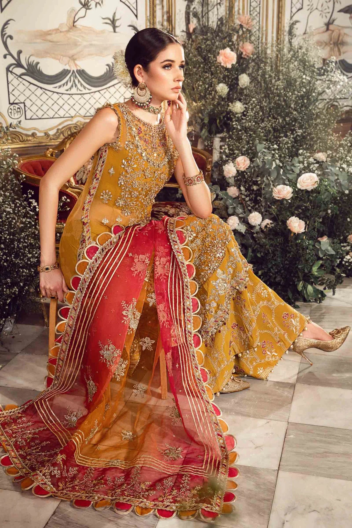 Mbroidered By Maria B Unstitched 4 Piece Embroidered Organza Suit MB23MW D7-Mustard - Luxury Collection