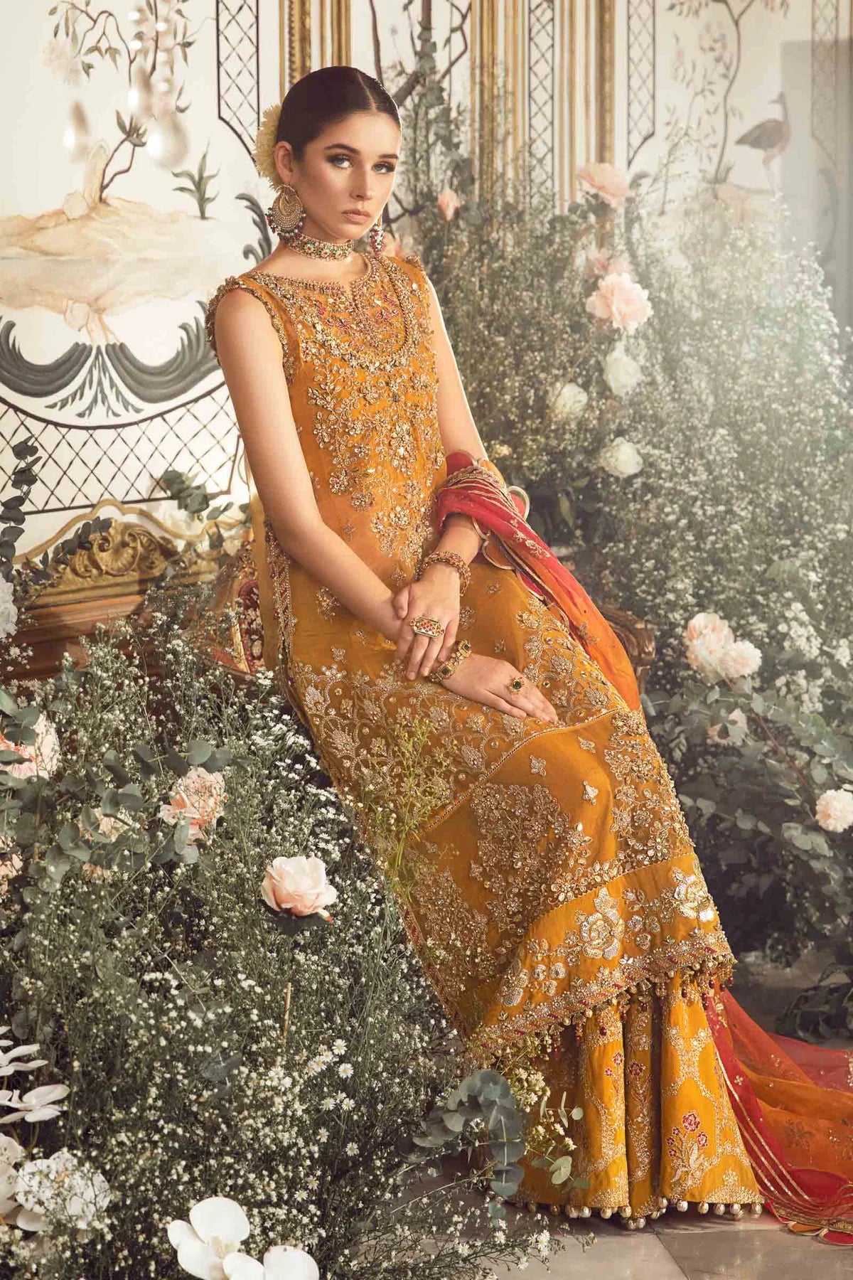 Mbroidered By Maria B Unstitched 4 Piece Embroidered Organza Suit MB23MW D7-Mustard - Luxury Collection