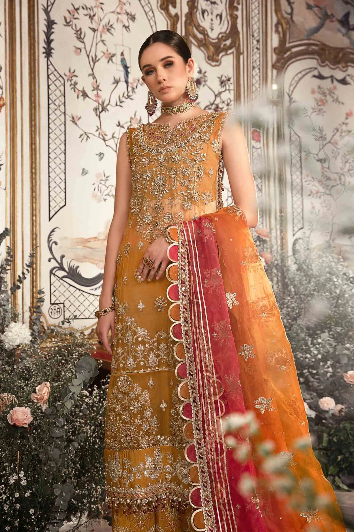 Mbroidered By Maria B Unstitched 4 Piece Embroidered Organza Suit MB23MW D7-Mustard - Luxury Collection