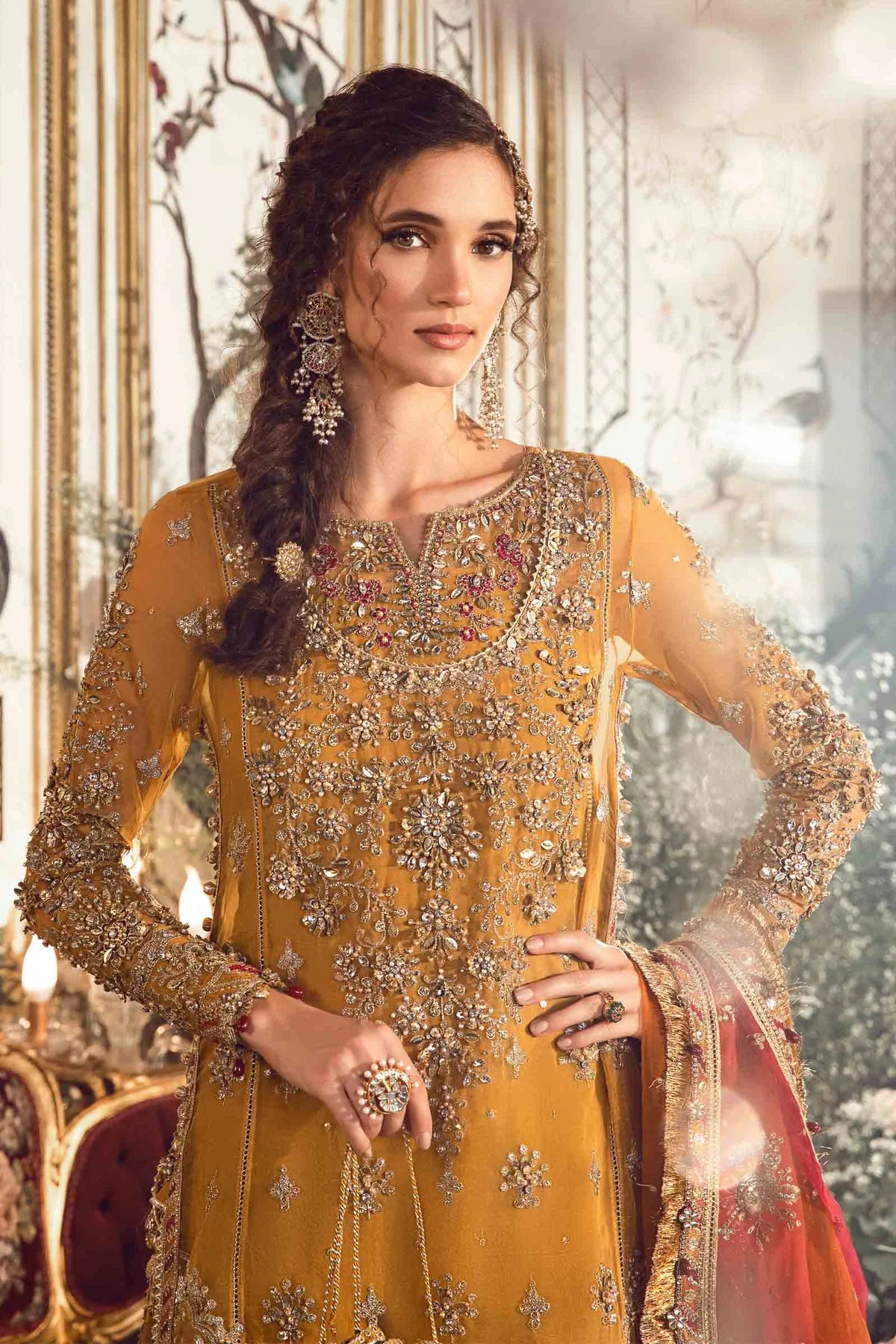 Mbroidered By Maria B Unstitched 4 Piece Embroidered Organza Suit MB23MW D7-Mustard - Luxury Collection