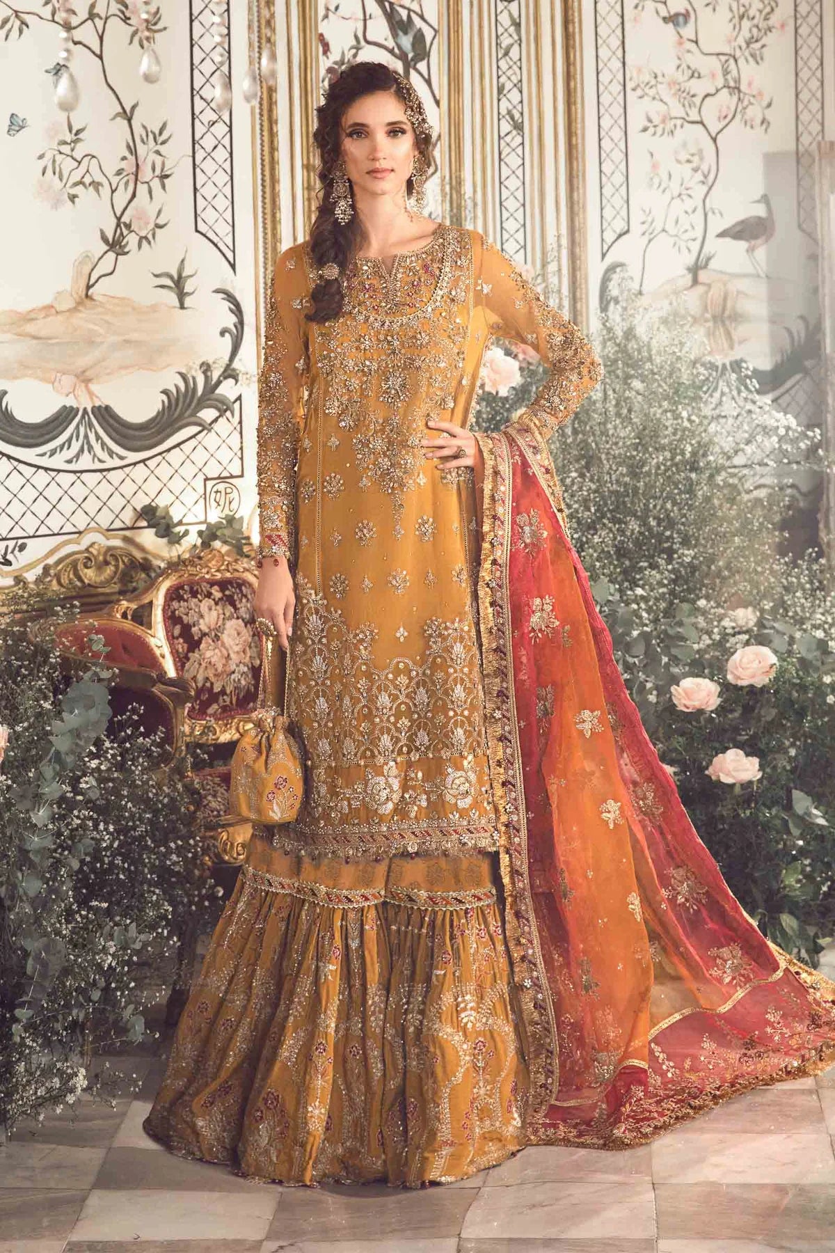 Mbroidered By Maria B Unstitched 4 Piece Embroidered Organza Suit MB23MW D7-Mustard - Luxury Collection