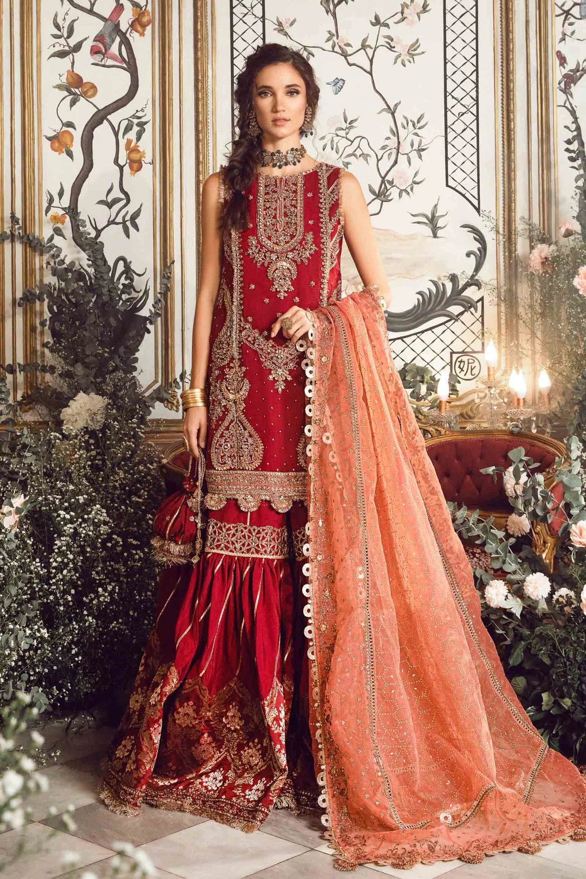 Mbroidered By Maria B Unstitched 4 Piece Embroidered Organza Suit MB23MW D8-Maroon - Luxury Collection