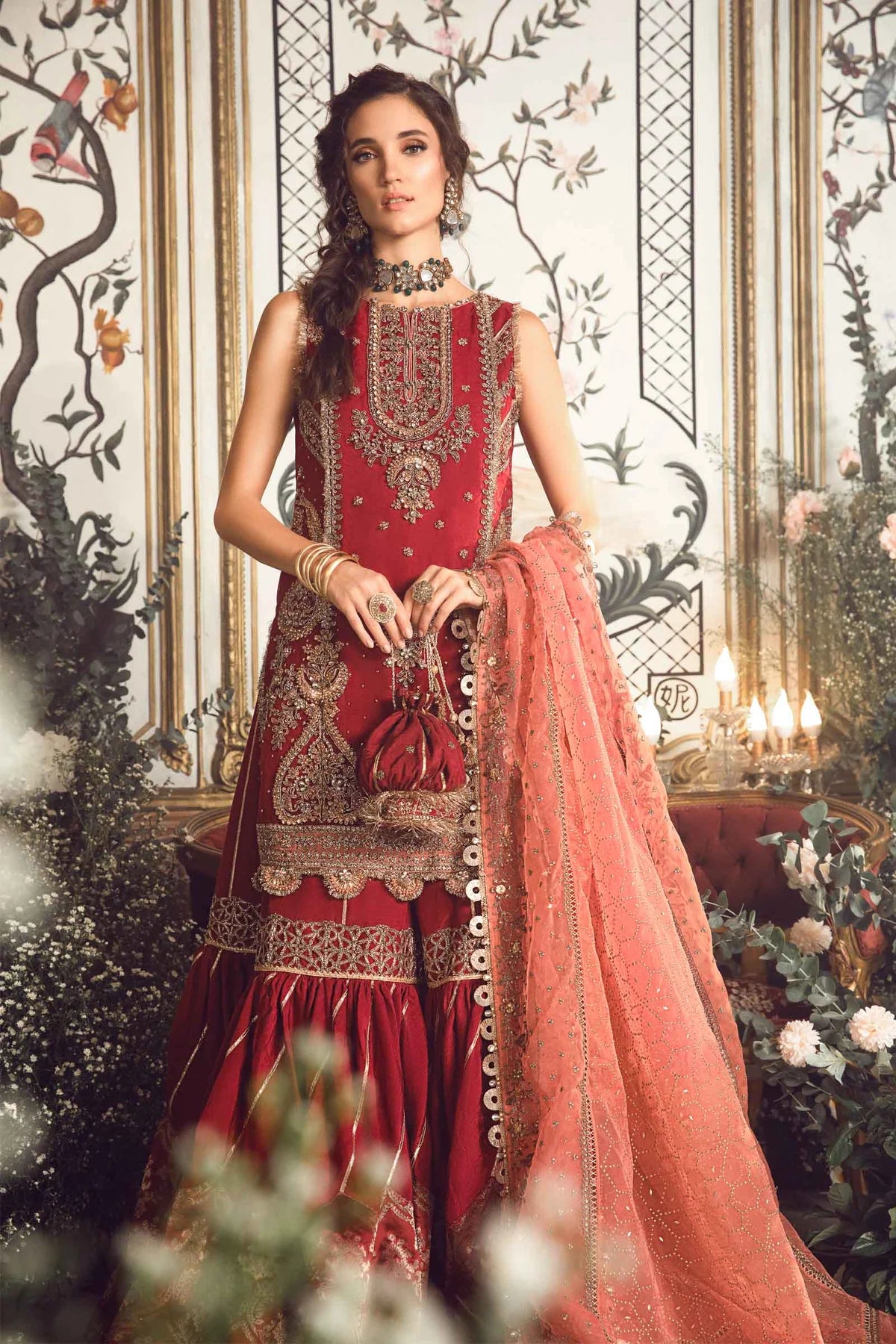 Mbroidered By Maria B Unstitched 4 Piece Embroidered Organza Suit MB23MW D8-Maroon - Luxury Collection