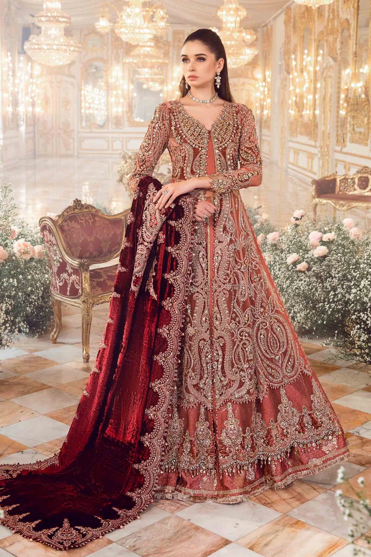 Mbroidered By Maria B Unstitched 4 Piece Embroidered Velvet Suit MB23MW D1-Salmon Pink - Luxury Collection