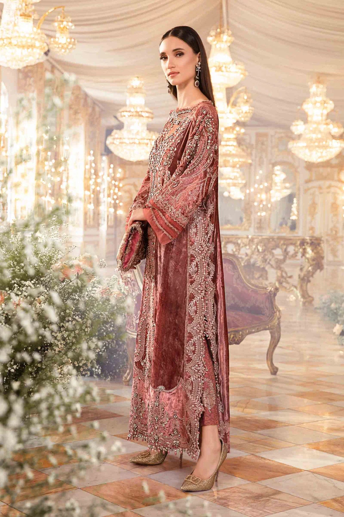 Mbroidered By Maria B Unstitched 4 Piece Embroidered Velvet Suit MB23MW D1-Salmon Pink - Luxury Collection