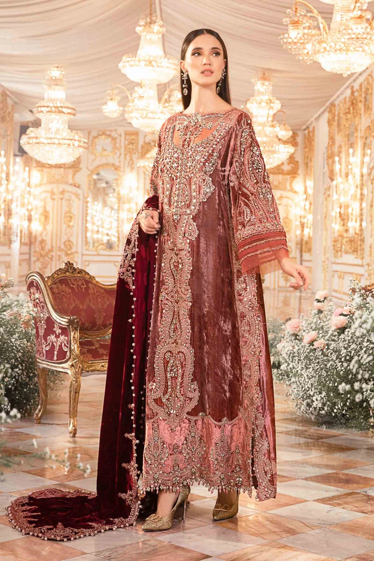 Mbroidered By Maria B Unstitched 4 Piece Embroidered Velvet Suit MB23MW D1-Salmon Pink - Luxury Collection