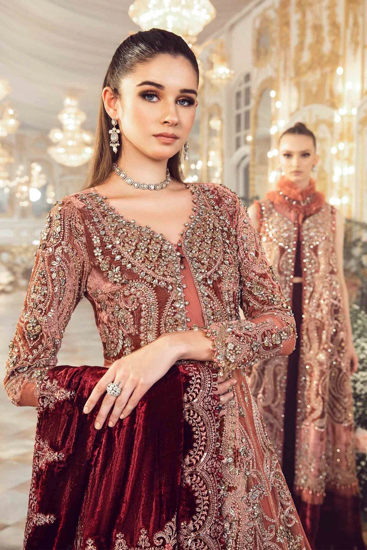 Mbroidered By Maria B Unstitched 4 Piece Embroidered Velvet Suit MB23MW D1-Salmon Pink - Luxury Collection