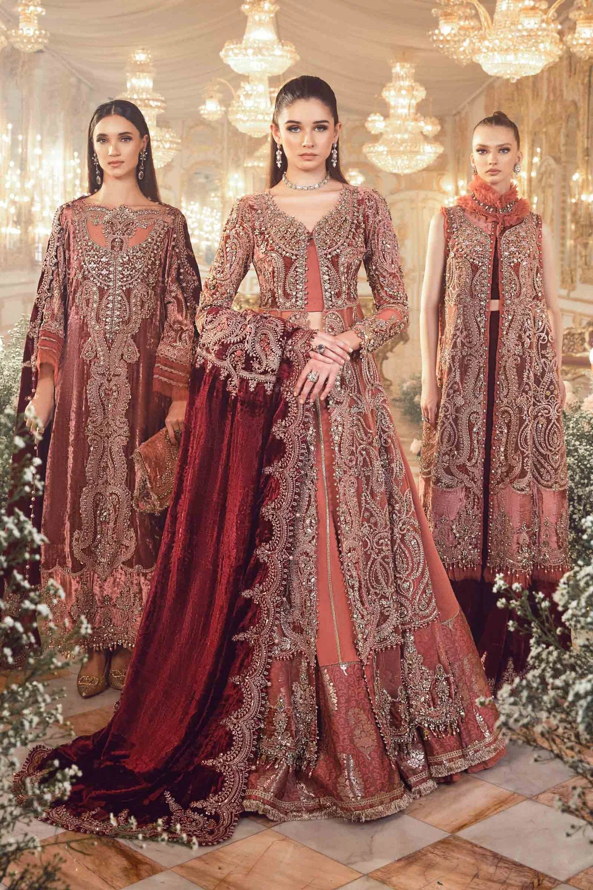 Mbroidered By Maria B Unstitched 4 Piece Embroidered Velvet Suit MB23MW D1-Salmon Pink - Luxury Collection